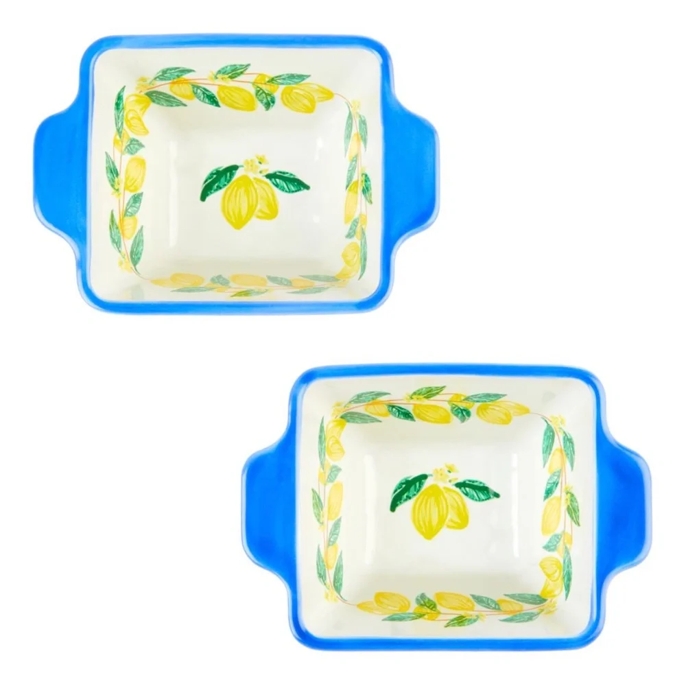 Ceramic Lemon Pattern Rectangular Baking Dishes with Blue Rim - Set of 2